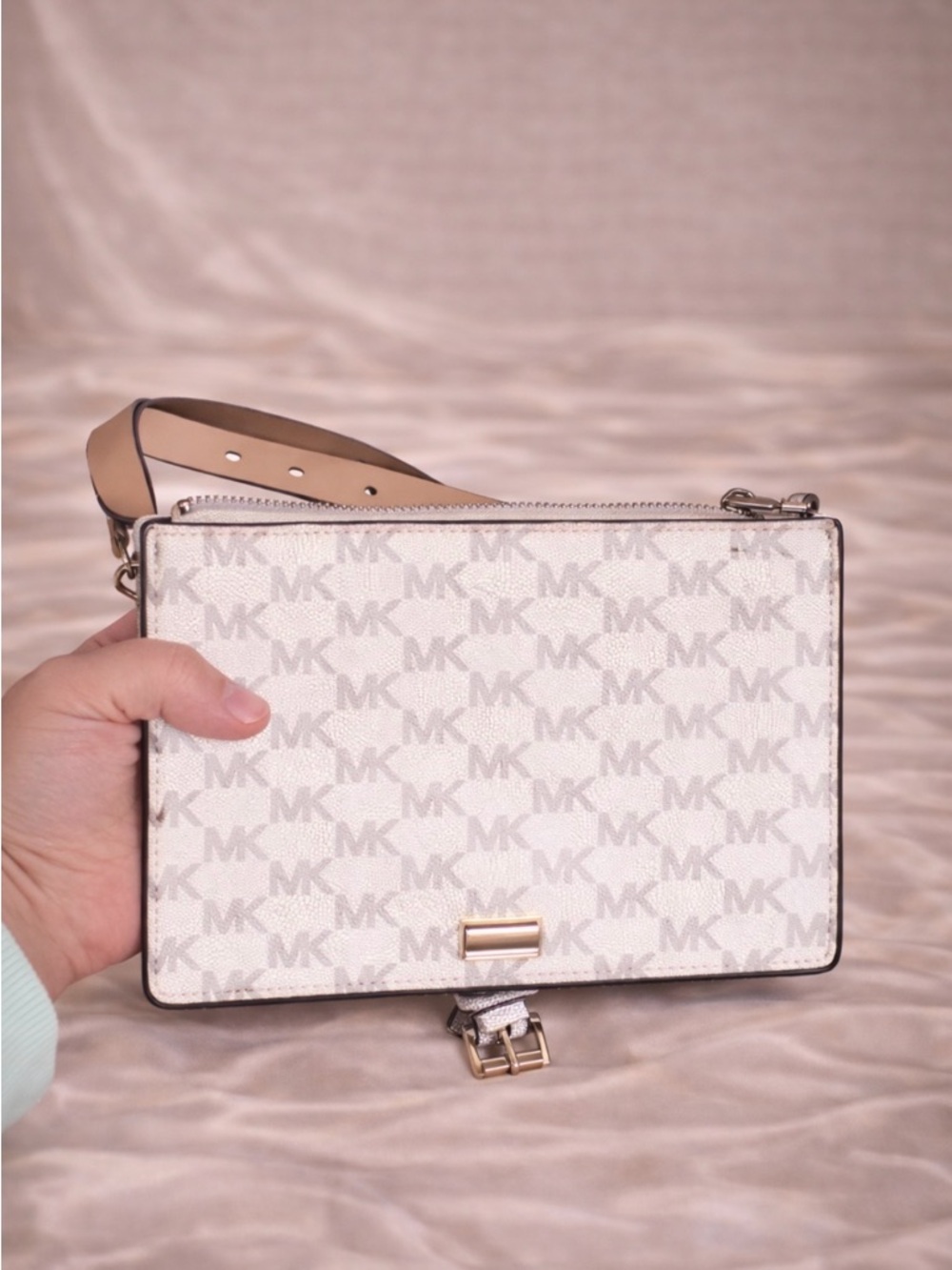 Michael Kors White MK Logo Crossbody with Tan Strap
